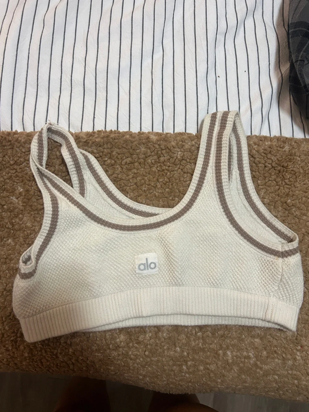 ALO Yoga Cream Ribbed Cropped Tank with Taupe Stripe Trim